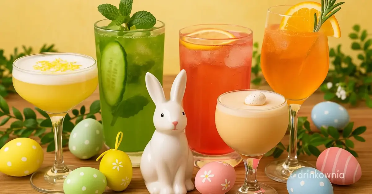 Pięć kolorowych drinków idealnych na Wielkanoc, na wielkanocnym stole, wśród pisanek i zajączka z gałązkami bukszpanu.