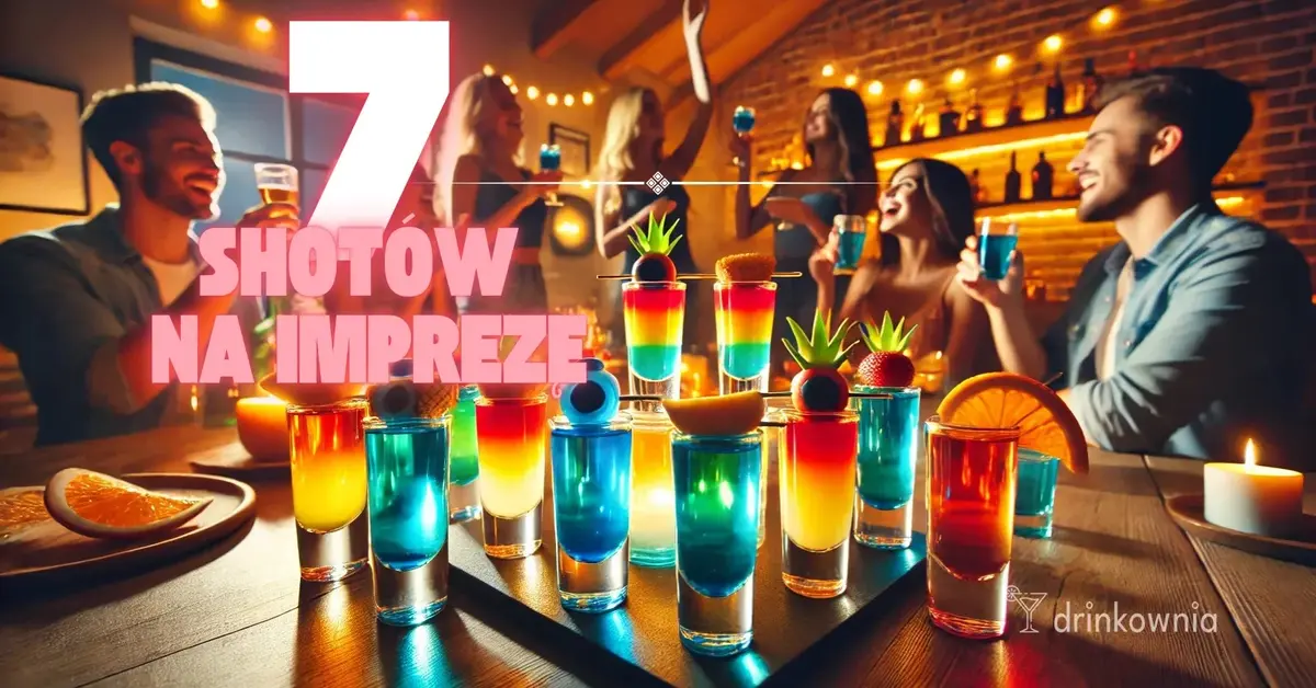 Domowa impreza, pełna znajomych. Wieczorne, miękkie światło. Na pierwszym planie kolorowe shoty jak B-52 i Blue Kamikaze