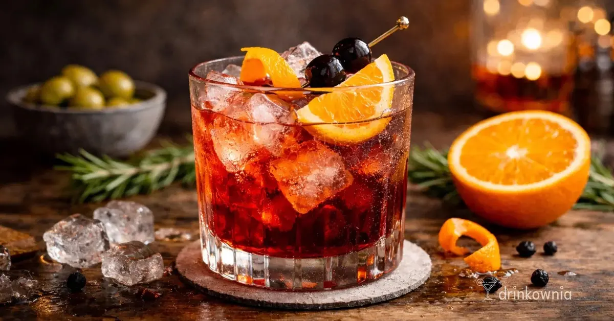 Americano 0% – gorzki drink bez alkoholu z lodem, skórką pomarańczy i wiśniami, podany w niskiej szklance.