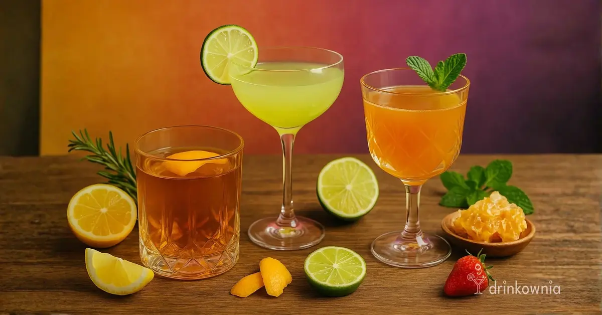 Trzy koktajle symbolizujące balans smaków – słodki, kwaśny i gorzki – z cytrusami, miodem i ziołami na tle baru.