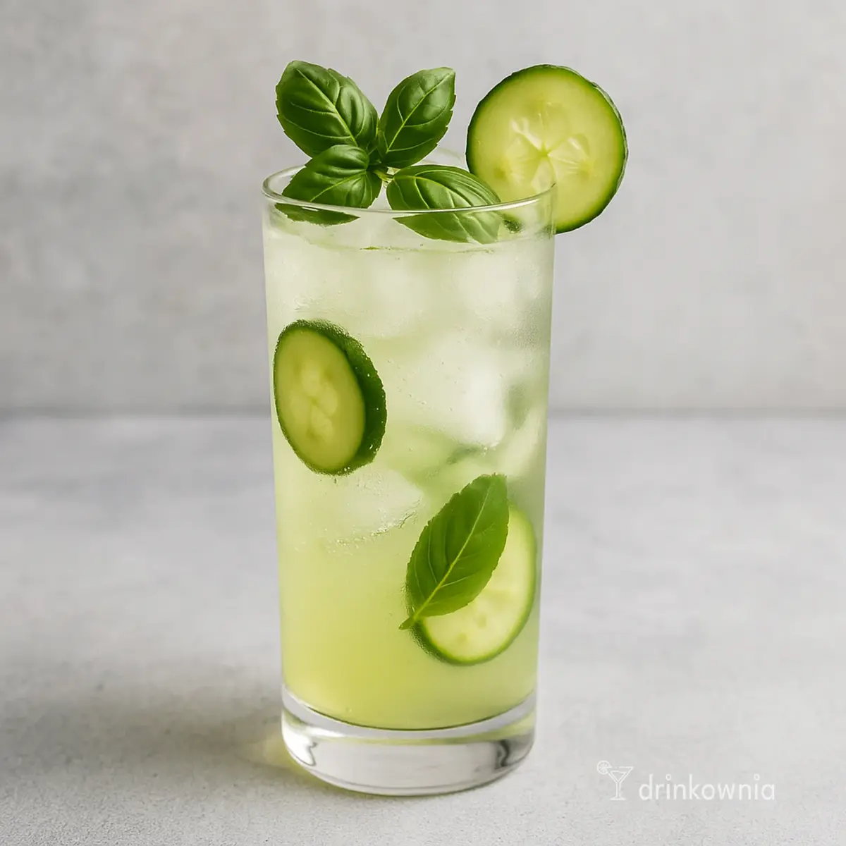 Bezalkoholowy Smash z ogórkiem i bazylią w wysokiej szklance z lodem – orzeźwiający drink idealny na majówkę i grilla.