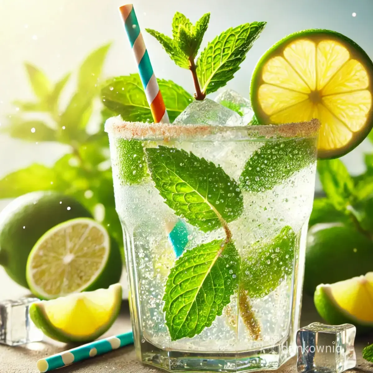 Beztroskie Mojito w wysokiej szklance, udekorowane plasterkiem limonki, gałązką mięty, cukrową obręczą i kolorową słomką