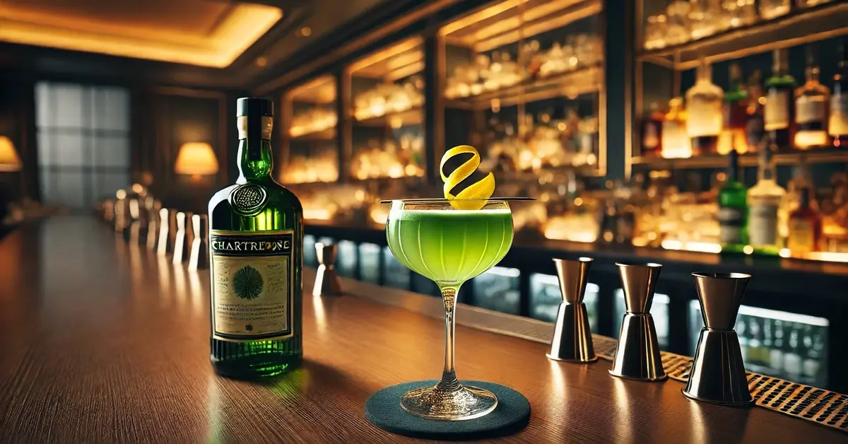Bijou koktajl z zielonym Chartreuse i twistem cytryny, podany w eleganckim kieliszku coupé w tle luksusowy bar.