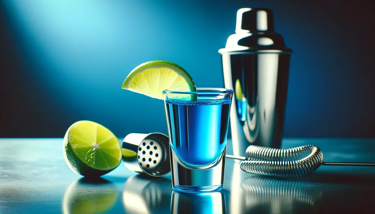 Niebieski shot Blue Kamikaze serwowany w kieliszku do shotów z plasterkiem limonki na brzegu, w tle shaker