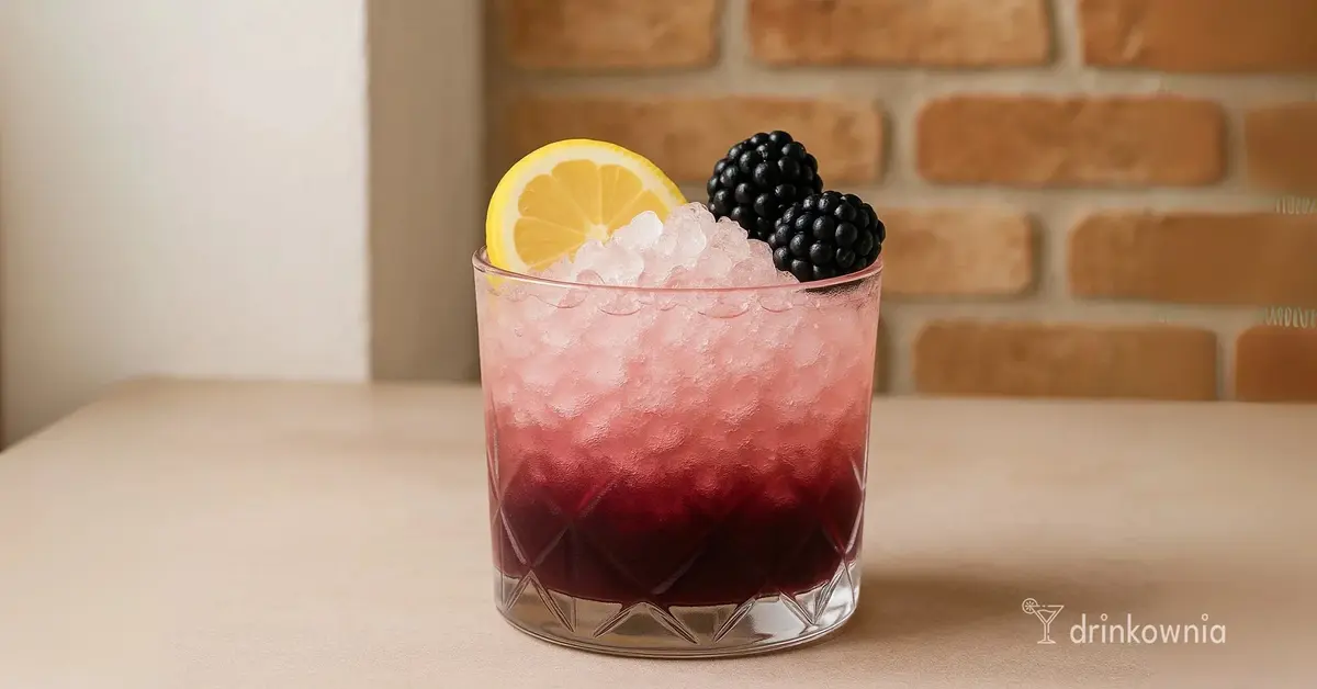 Drink Bramble z ginem, likierem jeżynowym i cytryną, podany w szklance old fashioned na kruszonym lodzie.