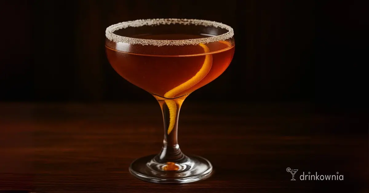 Brandy Crusta w kieliszku z cukrowym rantem i skórką cytrynową, klasyczny koktajl brandy na tle ciemnego drewna.
