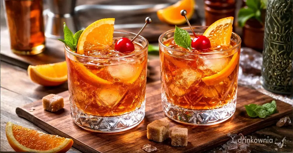 Brandy Old Fashioned z pomarańczą i wiśnią w szklance z lodem – klasyczny drink z Wisconsin.