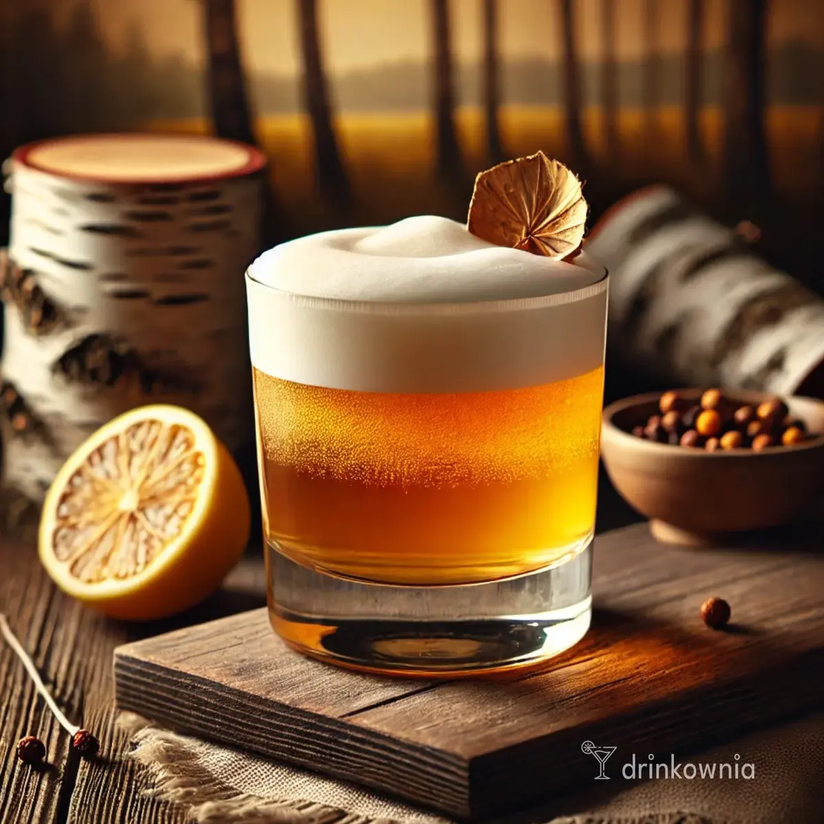 Niska szklanka typu lowball z Brzozowym Sour, whisky, wodą brzozową, cytryną i bittersami, na tle brzozowego drewna.