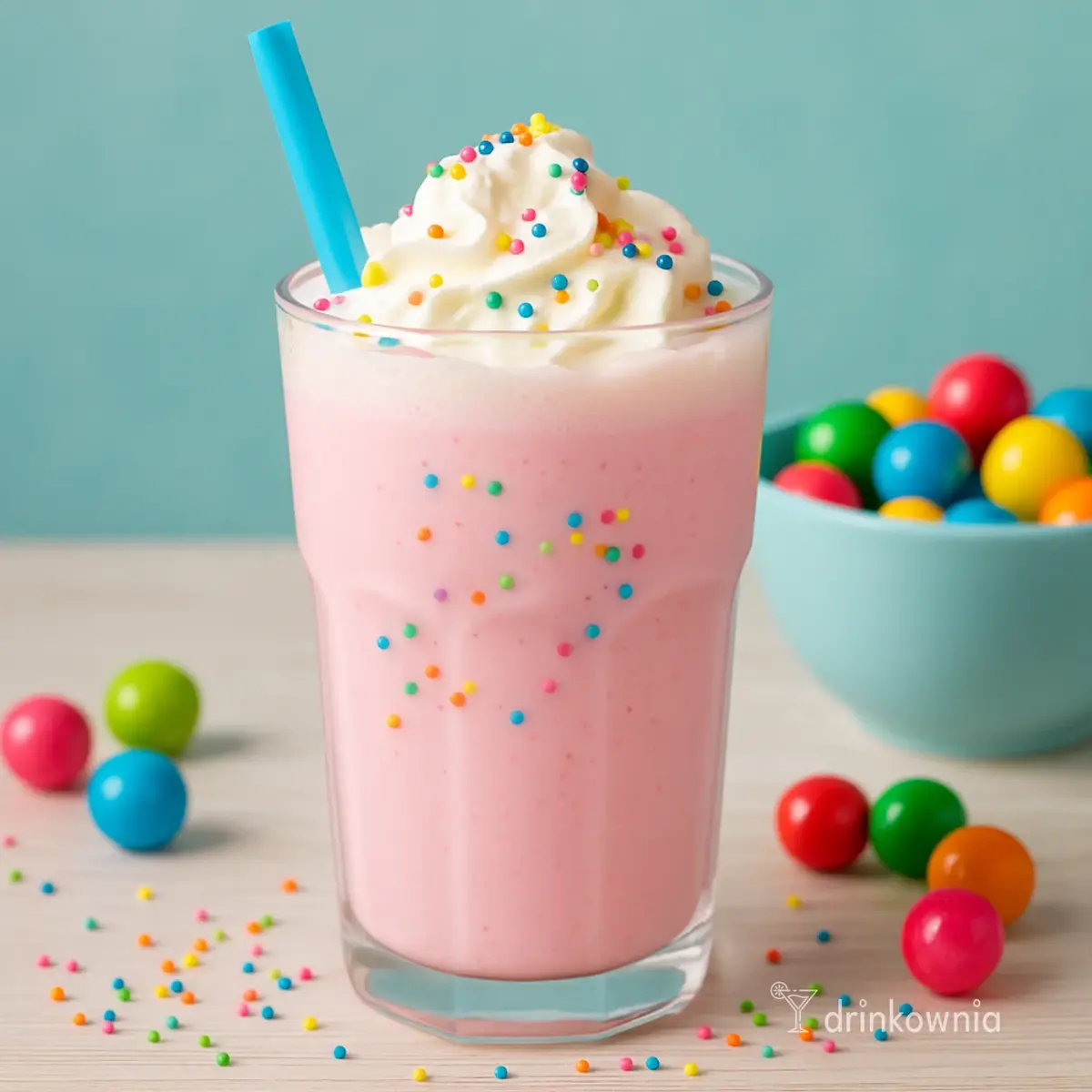 Różowy milkshake o smaku gumy balonowej z bitą śmietaną i posypką, kolorowe kulki gumy w tle, dziecięcy deser.