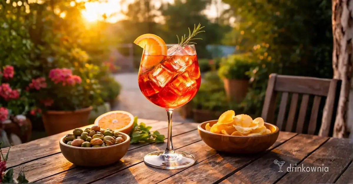 Campari Spritz w kieliszku z lodem i plasterkiem pomarańczy.