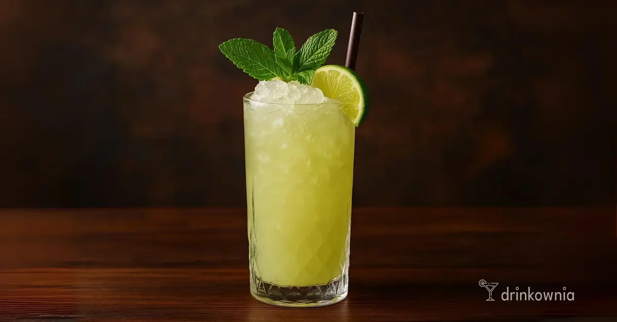 Chartreuse Swizzle w szklance highball z kruszonym lodem, miętą i limonką – tropikalny drink z likierem Chartreuse