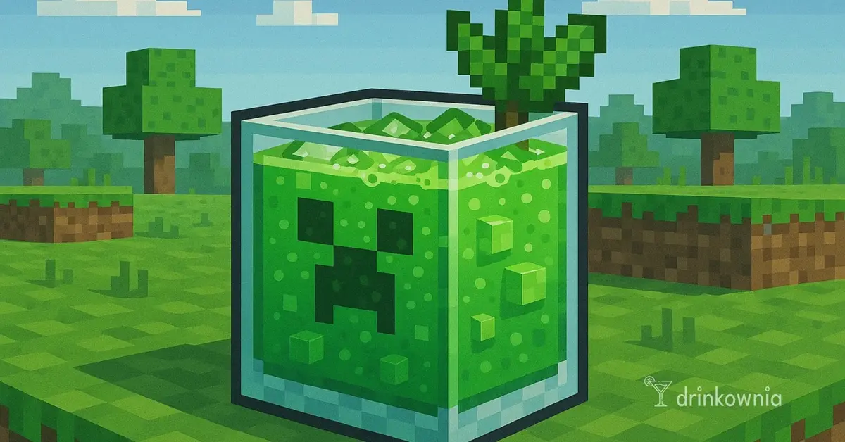 Pixelartowy drink Creeper w stylu Minecrafta – zielony koktajl w sześciennej szklance na tle blokowego krajobrazu.