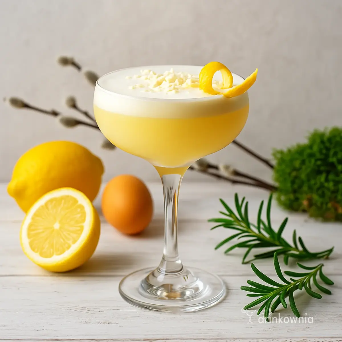 Cytrynowy koktajl z pianką i wanilią – wielkanocny drink inspirowany babką cytrynową, podany w świątecznym stylu.