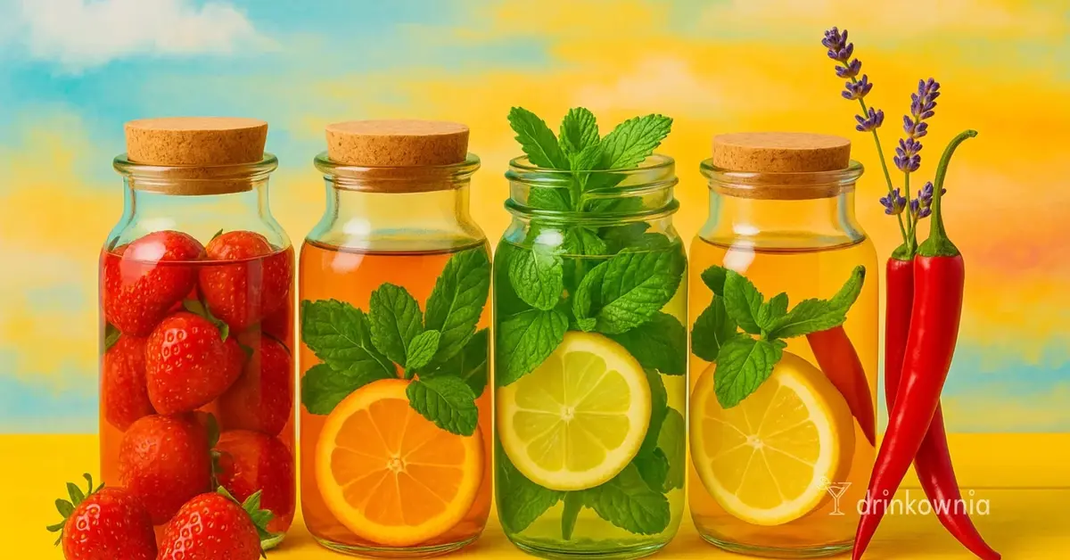 Kolorowe domowe infuzje alkoholu z truskawkami, cytrusami, miętą i chili na tle jasnego, letniego nieba.