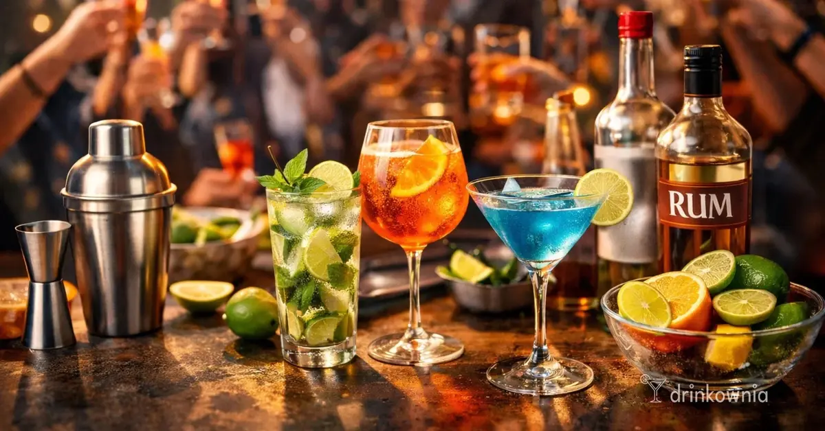 Domówka dla 10 osób – kolorowe drinki na stole, cytrusy, shaker i goście w tle, klimat imprezy bez stresu
