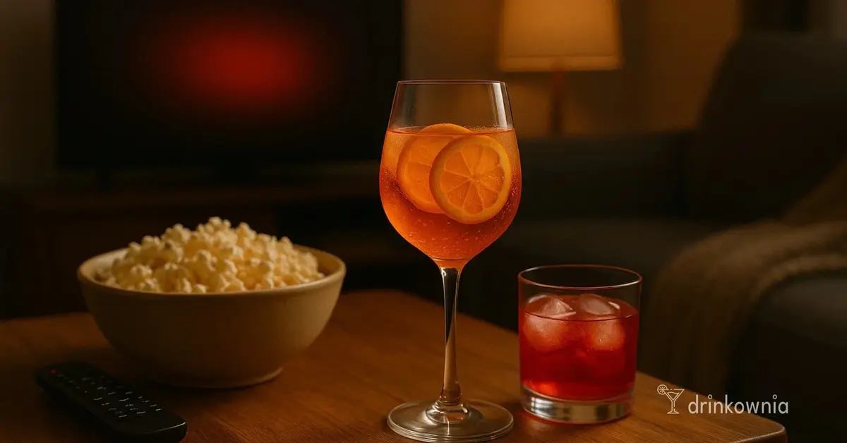 Proste drinki na wieczór filmowy na stole: spritz, czerwony koktajl, miska popcornu i pilot w przytulnym salonie.