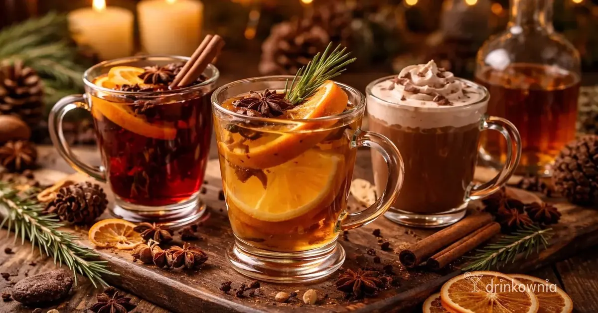 Zimowe drinki rozgrzewające z przyprawami – aromatyczne koktajle z pomarańczą i cynamonem na drewnianym stole.