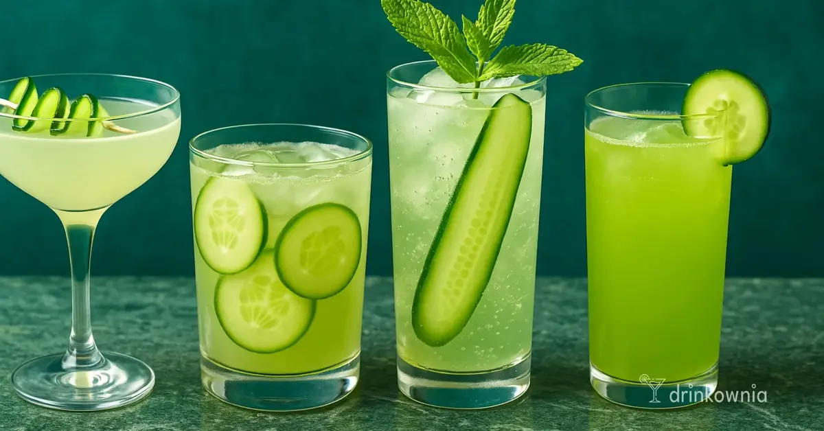 Orzeźwiające drinki z ogórkiem w różnych szklankach, świeże koktajle idealne na lato, pełne smaku i rześkości.