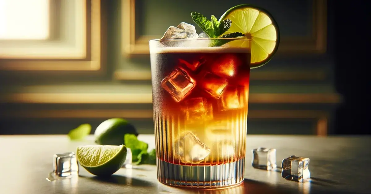 Zdjęcie przedstawiające drink El Diablo, ozdobiony limonką i miętą. Ciemna warstwa likieru porzeczkowego na górze.