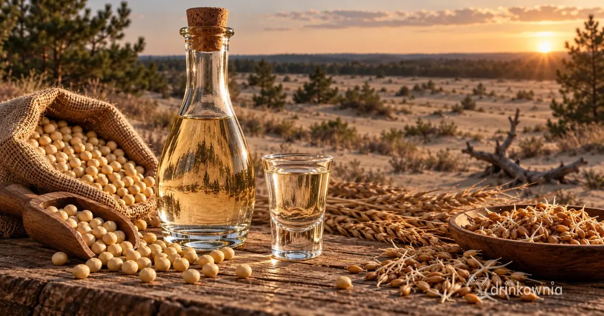 Butelka i kieliszek z jasnym alkoholem na tle piasków, z grochem cukrowym i skiełkowanym żytem.