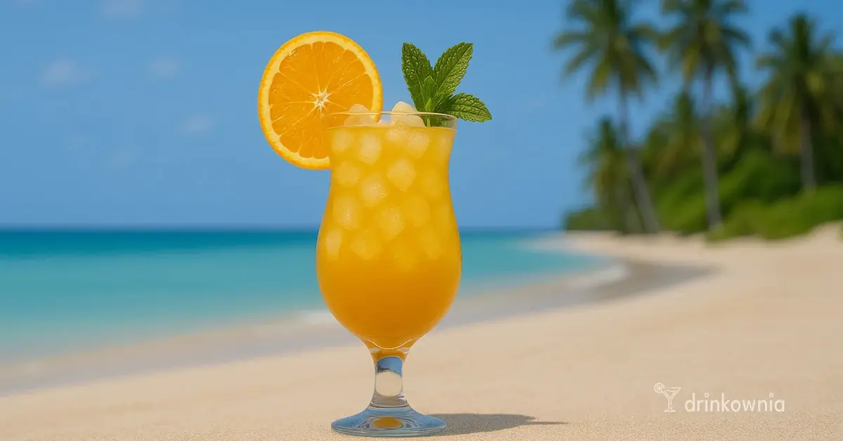 Tropikalny drink Fog Cutter na plaży z palmami i turkusowym morzem – orzeźwiający koktajl idealny na lato.