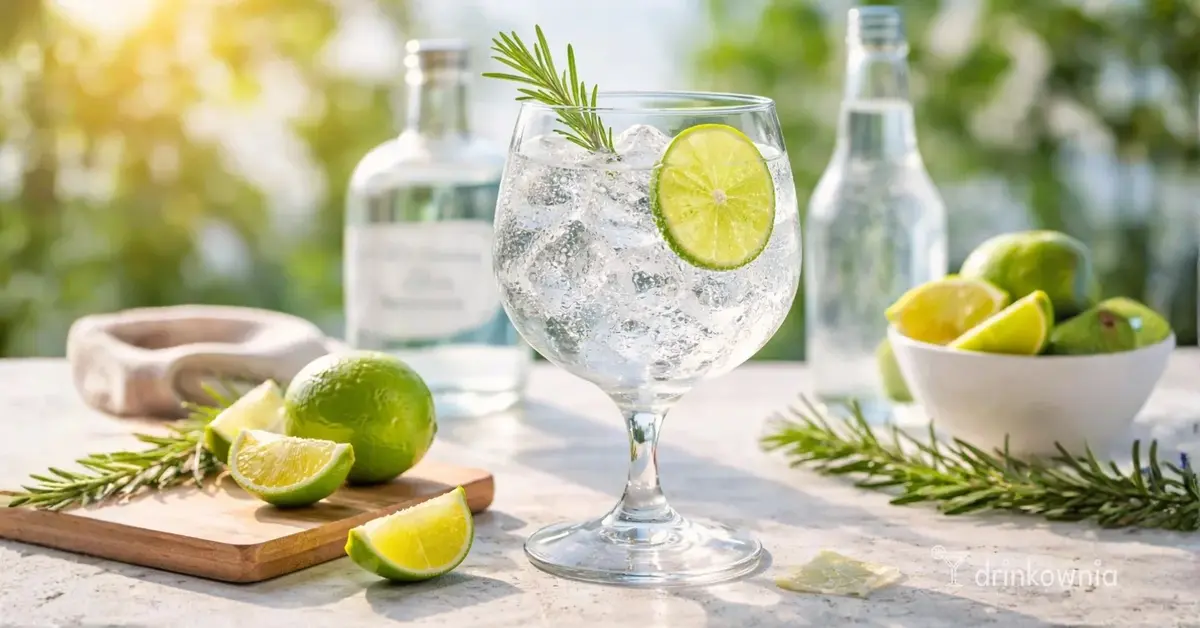 Bezalkoholowy gin & tonic z limonką i rozmarynem, pełen lodu, podany w letniej, jasnej scenerii.