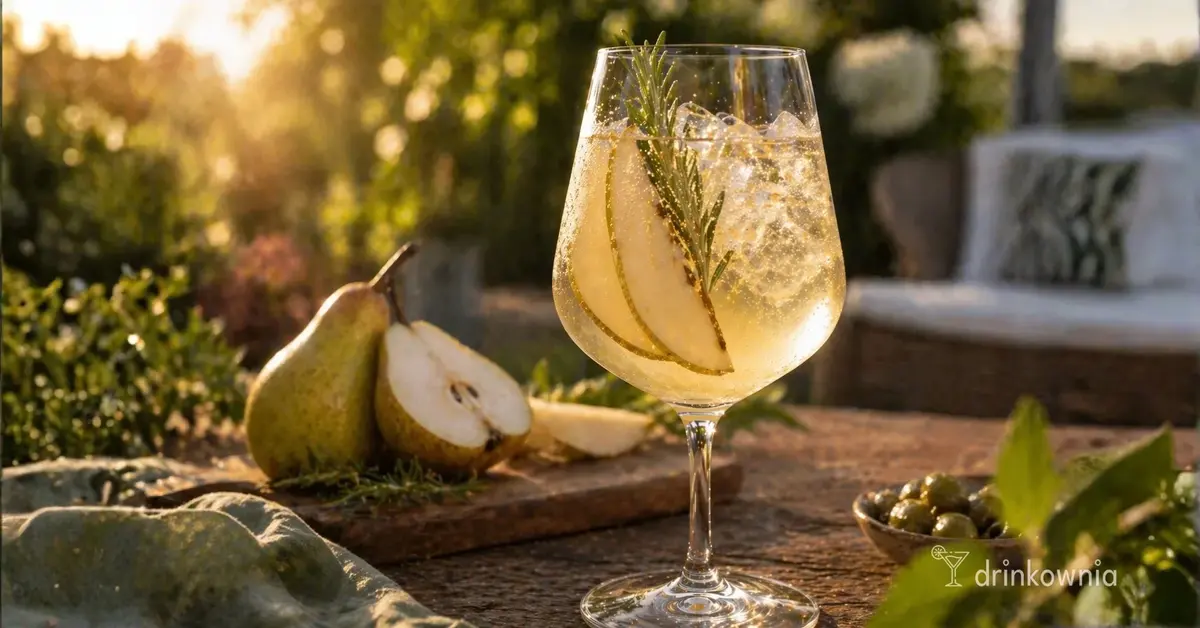 Gruszkowy spritz z prosecco w kieliszku, świeże gruszki i bąbelki w letnim ogrodzie przy złotym świetle