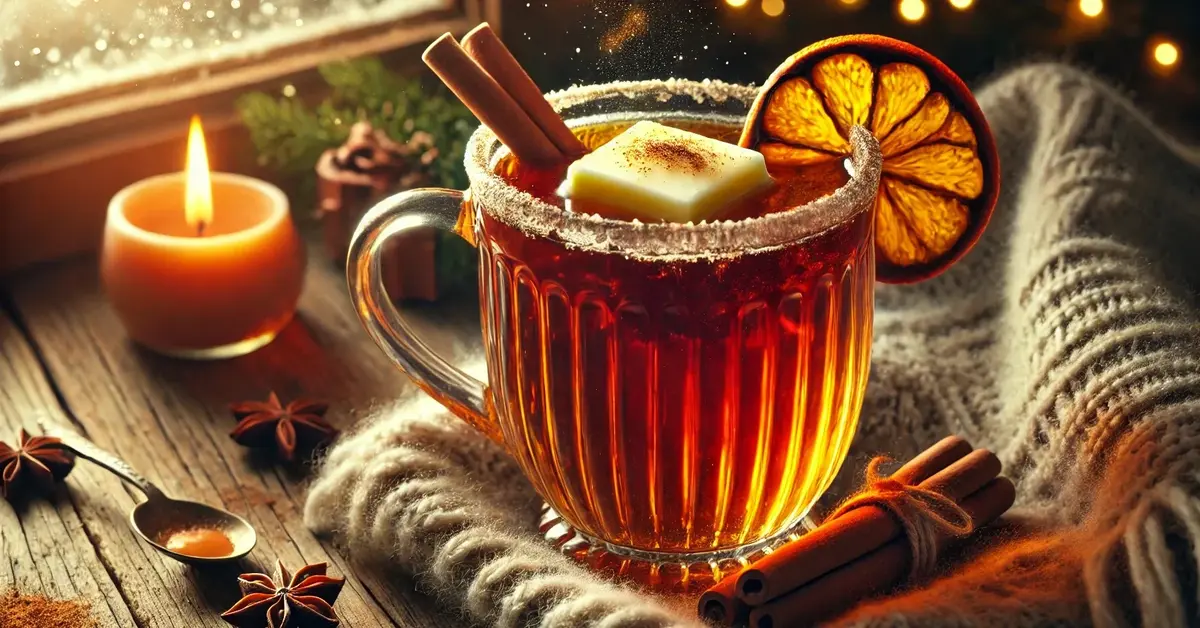 Zimowy drink na ciepło, Hot Buttered Rum, w szklance żaroodpornej, z cynamonem i masłem, idealny drink na święta.
