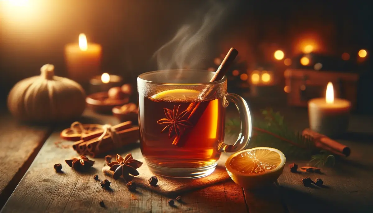 Rozgrzewający, miodowy drink Hot Toddy w szklance z plastrem cytryny i laską cynamonu