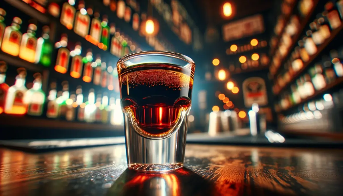  Obraz klasycznego shota Jägerbomb, umieszczonego na barze. Centralne miejsce zajmuje kieliszek z Jägermeisterem
