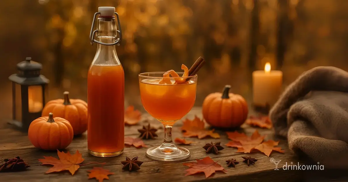 Jesienna scena z syropem dyniowym i drinkiem na stole, otoczona dyniami, liśćmi i świecami w ciepłym świetle.