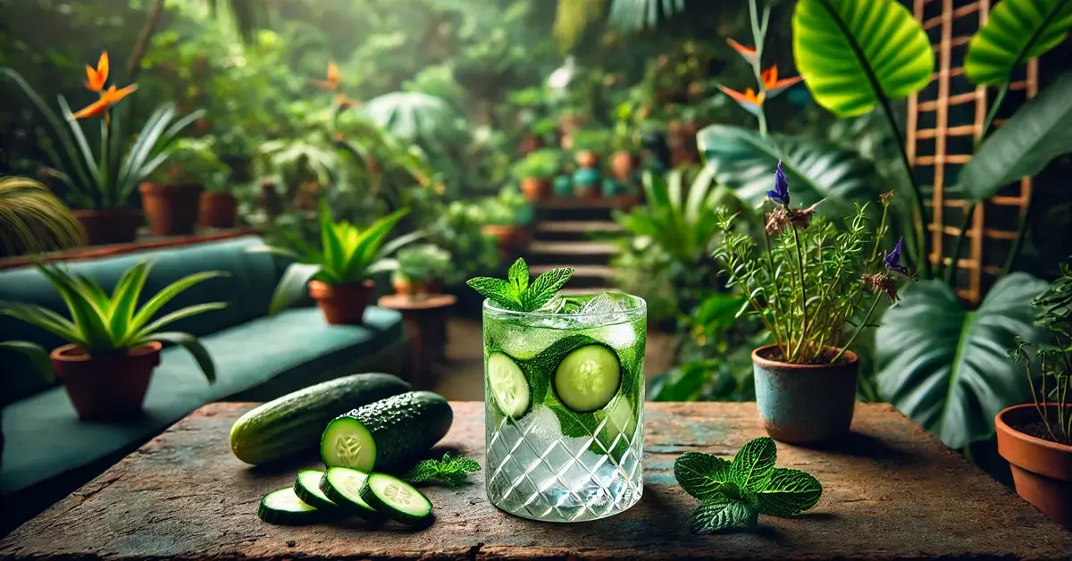 Orzeźwiający koktajl Kew Garden z ogórkiem, serwowany w szklance highball, w otoczeniu botanicznego ogrodu, z nutą mięty