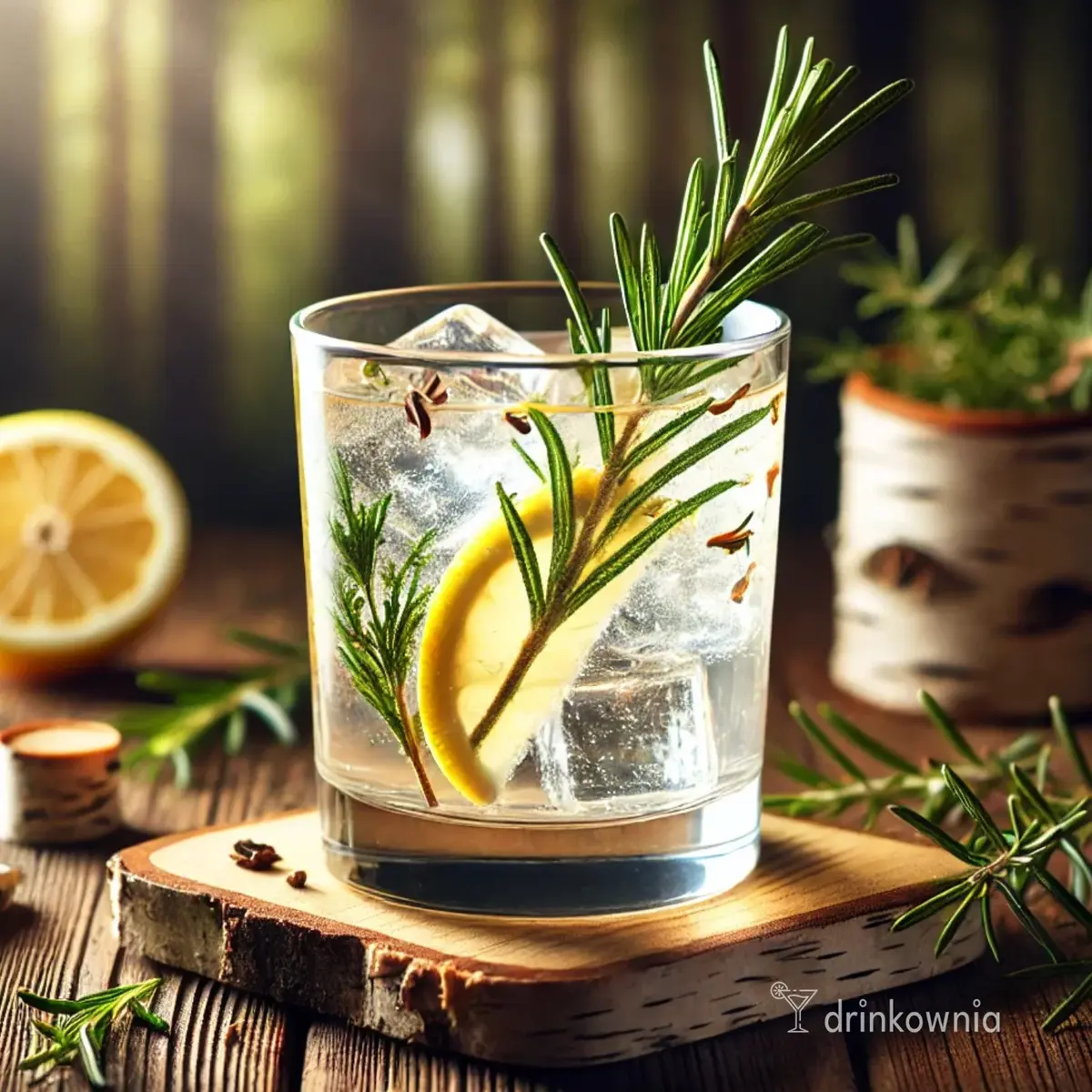 Wysoka szklanka z drinkiem Leśny Highball, z lodem, wodą brzozową, ginem, cytryną i rozmarynem na drewnianym tle.