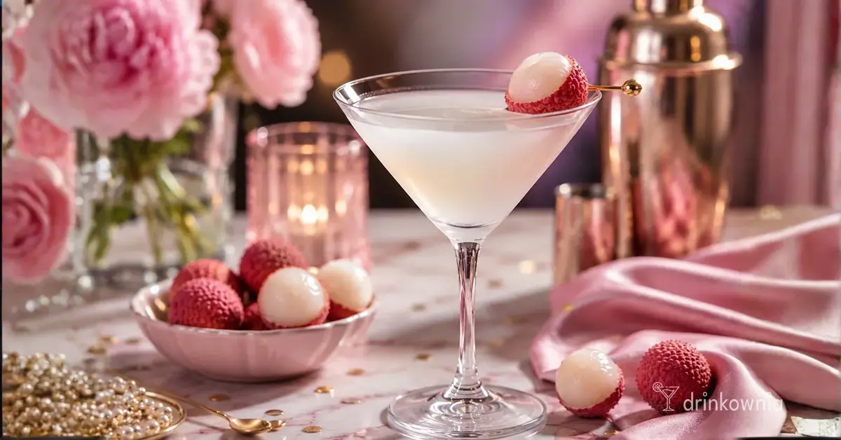 Martini z liczi w eleganckim kieliszku koktajlowym z owocem liczi jako dekoracją.
