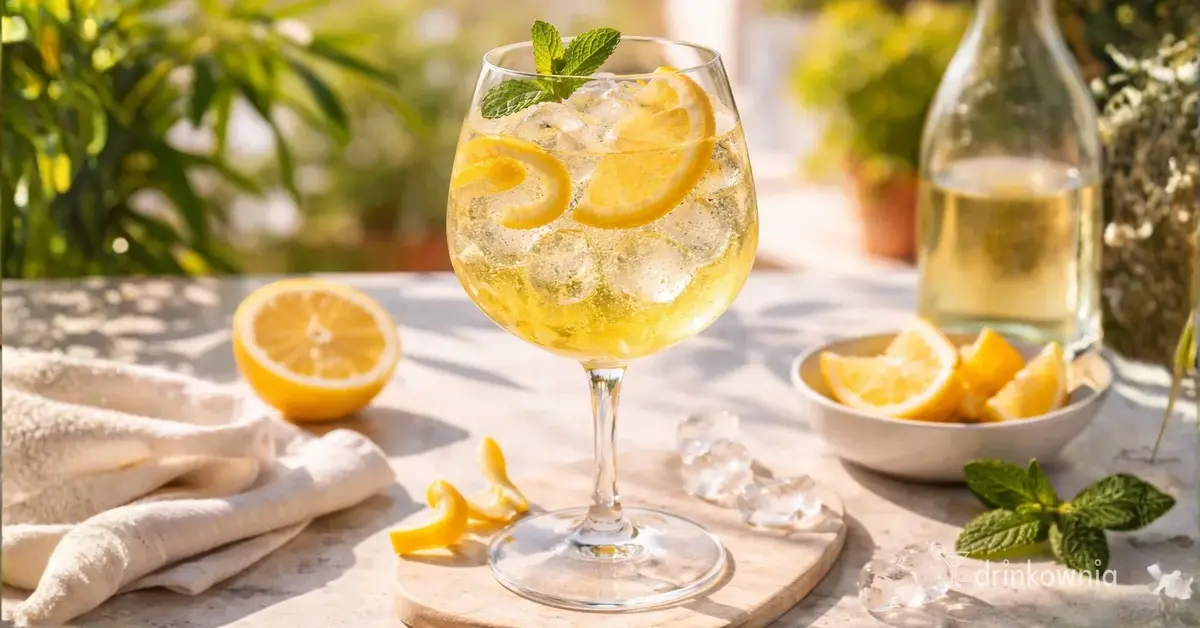 Limoncello Spritz w dużym kieliszku z lodem i cytryną – lekki, cytrusowy drink idealny na letnie spotkania.