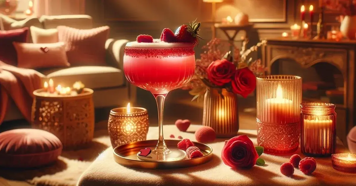 Zdjęcie przedstawia drink Love Potion, o czerwonej barwie, ozdobiony malinami, w romantycznej scenerii.