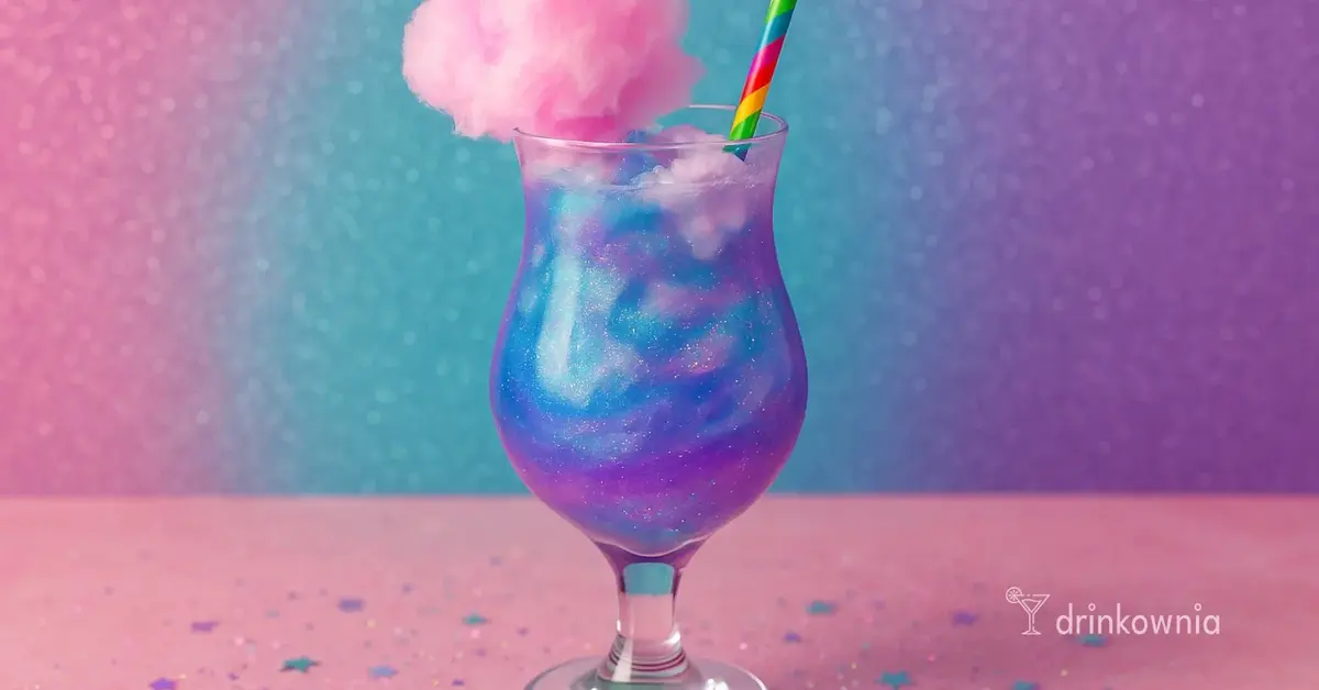 Kolorowy drink Magiczny Jednorożec w szklance hurricane z brokatem, watą cukrową i słomką – kreatywny koktajl domowy.