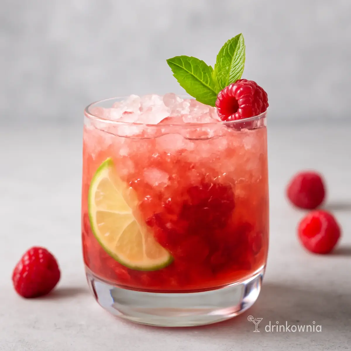 Malinowa Caipiroska z limonką, kruszonym lodem i świeżą miętą w niskiej szklance – idealny orzeźwiający drink na grilla.