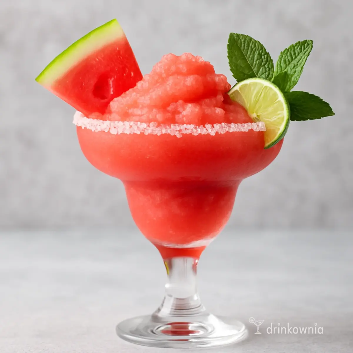 Arbuzowa Margarita Slushy w kieliszku z soloną krawędzią, z miętą, limonką i arbuzem – idealny drink na lato i grilla.