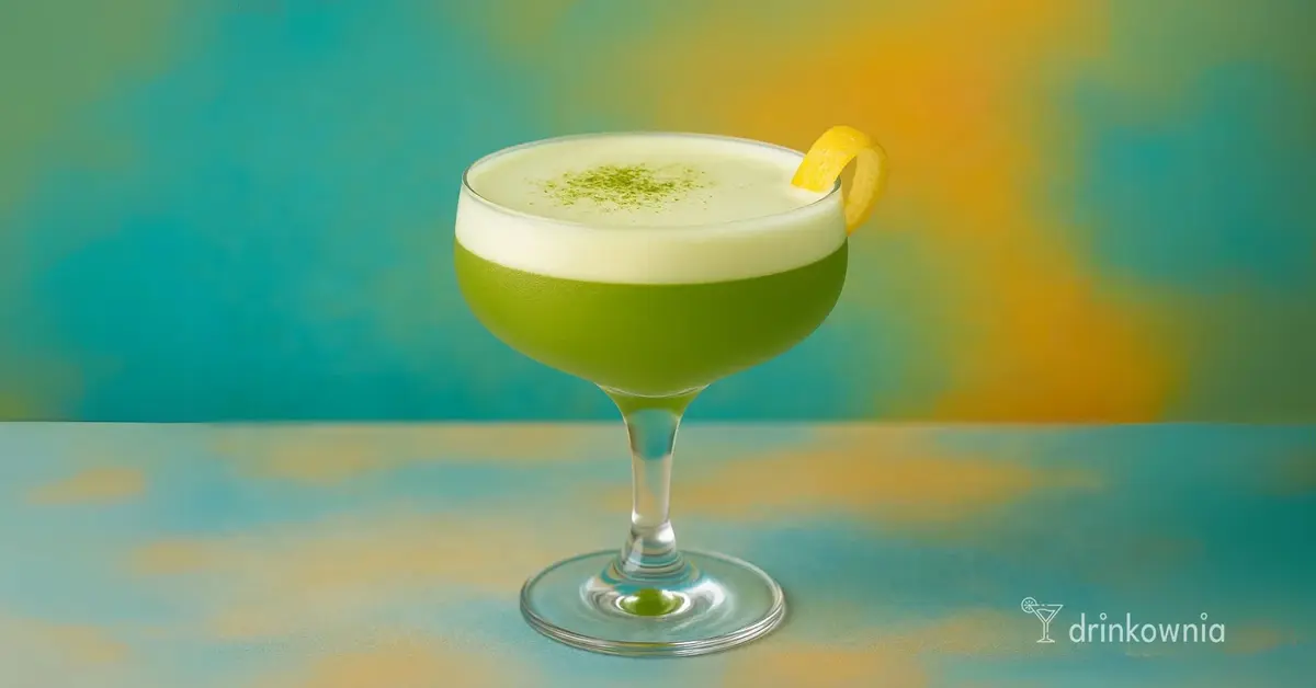 Matcha Sour w kieliszku coupe na kolorowym tle, z pianką, skórką cytryny i posypką z matchy – zielony koktajl.
