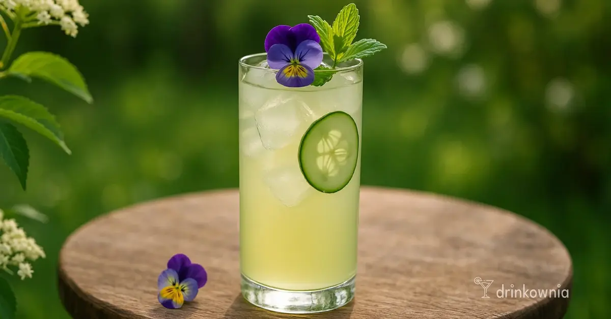 Wiosenny mocktail Jaśminowy Ogród z ogórkiem, miętą, fiołkiem na tle zielonego ogrodu – orzeźwiający napój bezalkoholowy