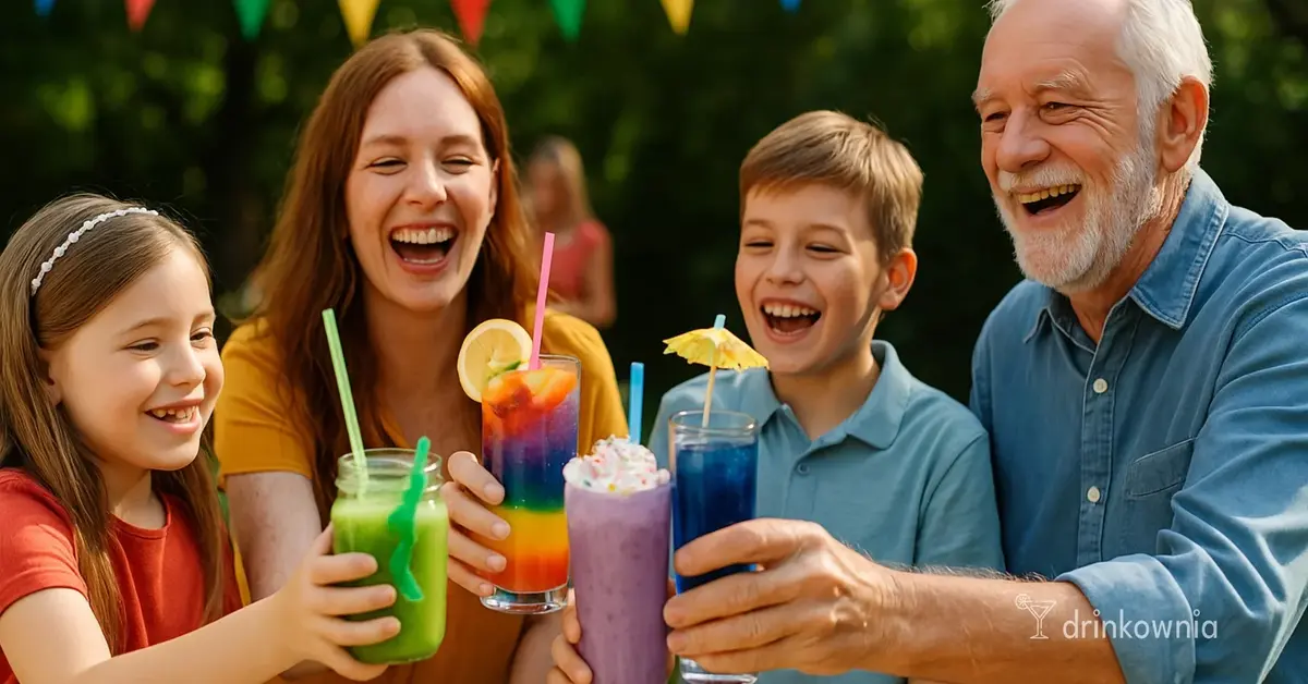 Rodzina świętująca Dzień Dziecka w ogrodzie z kolorowymi mocktailami, uśmiech i radość przy stole, kolorowe dekoracje.