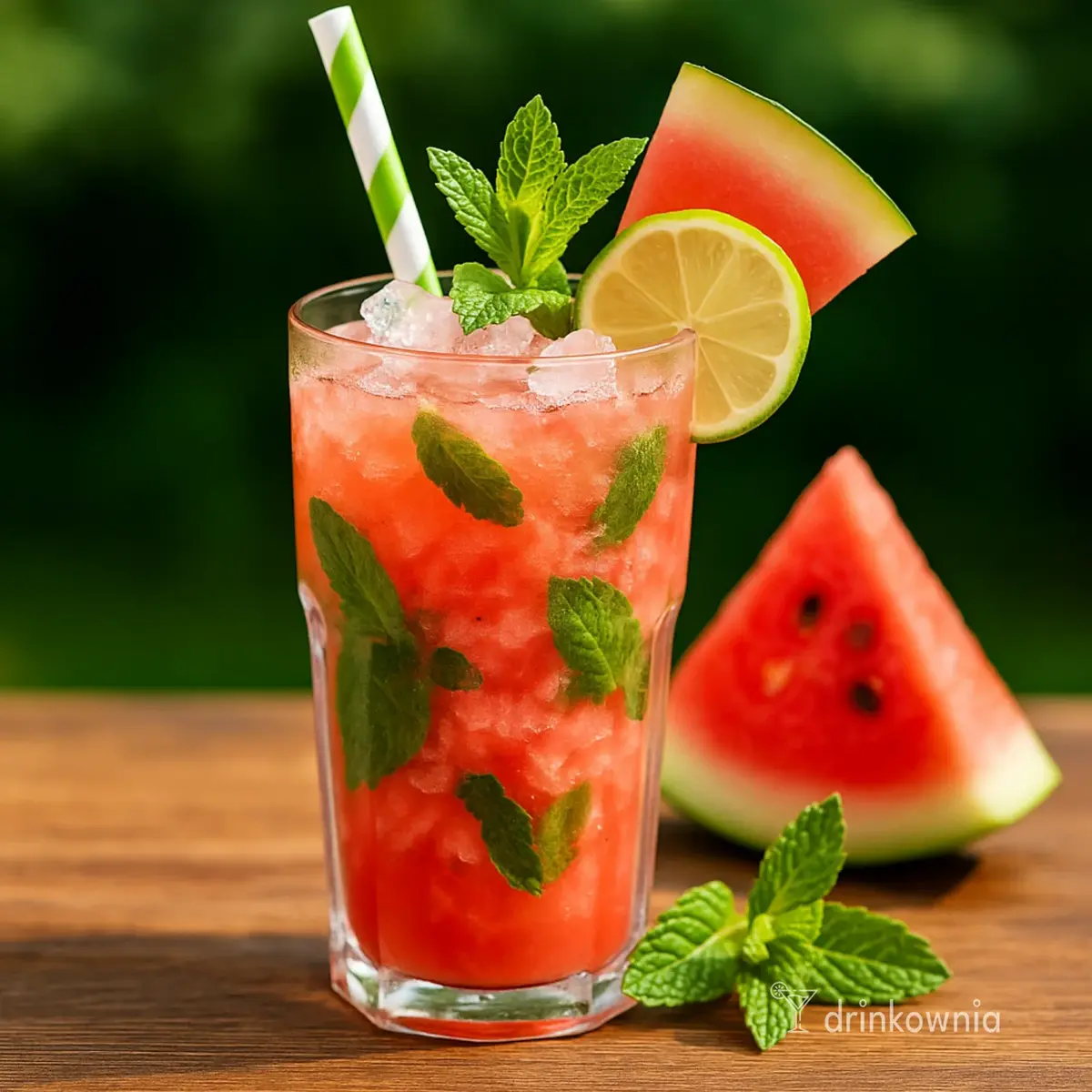 Letnie Arbuzowe Mojito – drink z rumem, arbuzem, miętą, limonką i lodem w szklance na drewnianym stole w letnim ogrodzie