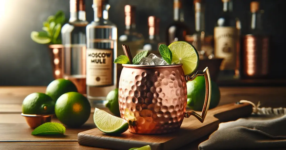 Elegancki Moscow Mule w miedzianym kubku na drewnianym blacie, z limonką.