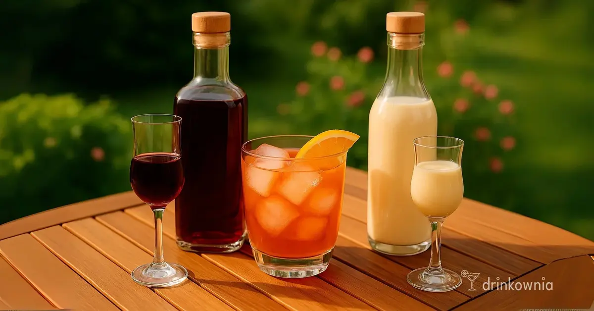 Trzy kolorowe alkohole: nalewka, kremowy likier i aperitif na stole w ogrodzie, w letnim, słonecznym świetle.