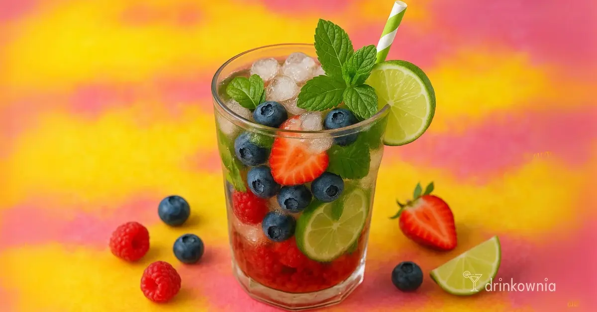 Orzeźwiające Nojito z owocami – drink bez alkoholu z malinami, borówkami, limonką i miętą na kolorowym tle.