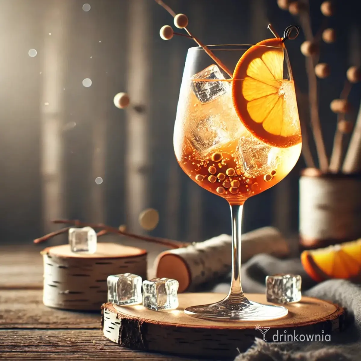 Kieliszek do wina z Nordic Spritz, Aperolem, prosecco i wodą brzozową, z plasterkiem pomarańczy na rustykalnym tle.