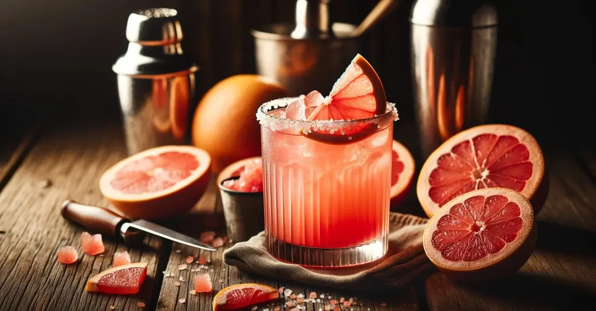 Drink Paloma w wysokiej szklance, z solą na brzegu i plasterkiem grejpfruta