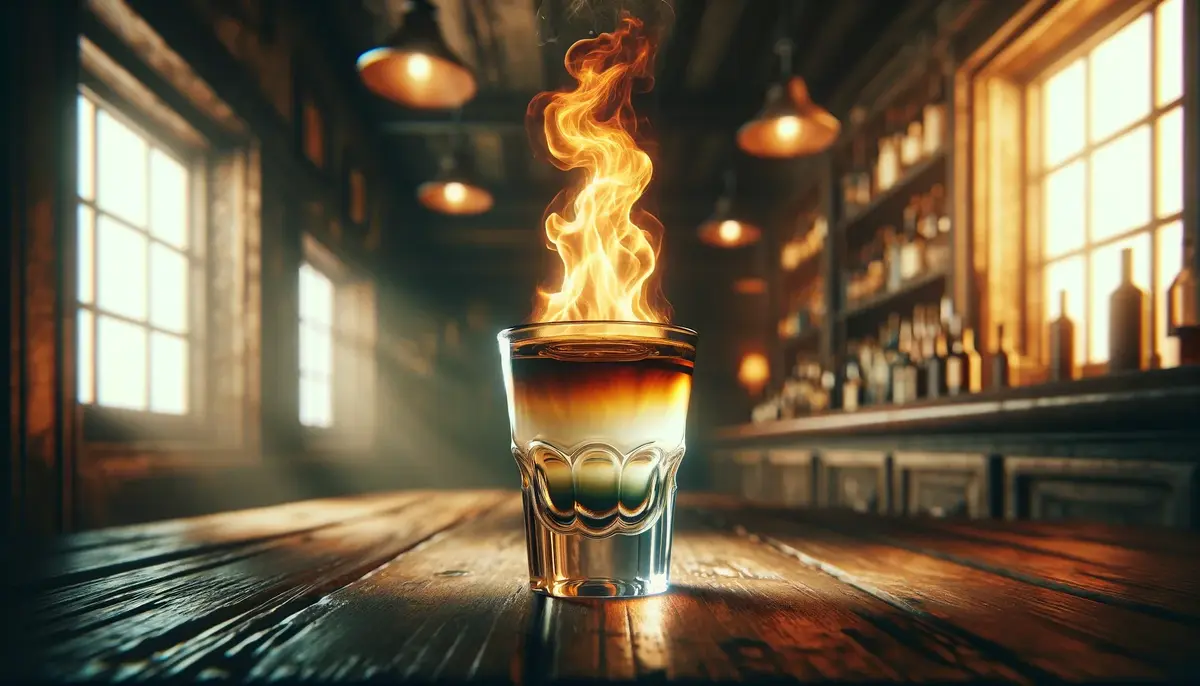Zdjęcie płonącego B52 shot - shot warstwowy: likier kawowy, Baileys, Grand Marnier, na drewnianym stole.