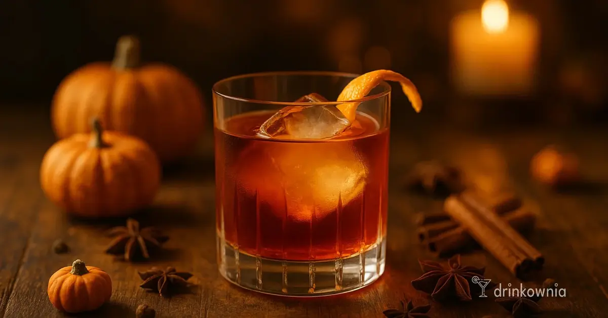 Pumpkin Spice Negroni z ginem, Campari i syropem dyniowym w szklance z lodem na jesiennym stole z przyprawami i dyniami.